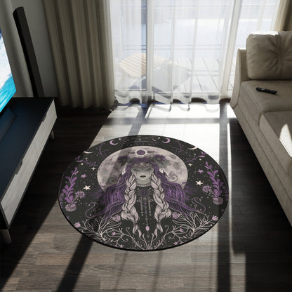 Lunar Goddess & Wildflowers Round Chenille Rug for Meditation, Living Room, and Bedroom – Full Moon and Dark Occult Design