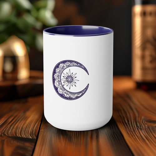 Bohemian Mandala Moon 15oz Coffee Mug with Vibrant Blue Handle & Interior, Intricate Crescent Design for Relaxing Evenings, Ideal Gift