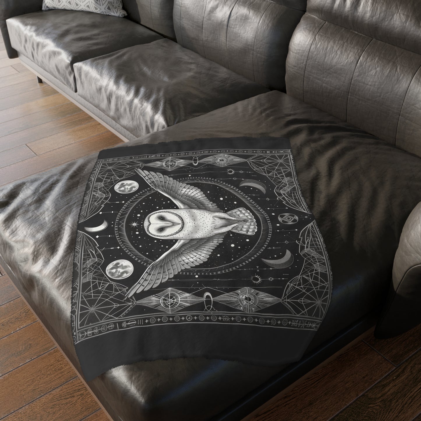 Enchanted White Barn Owl Decorative Double Sided Throw Blanket – Sacred Geometry and Occult Motifs for Home