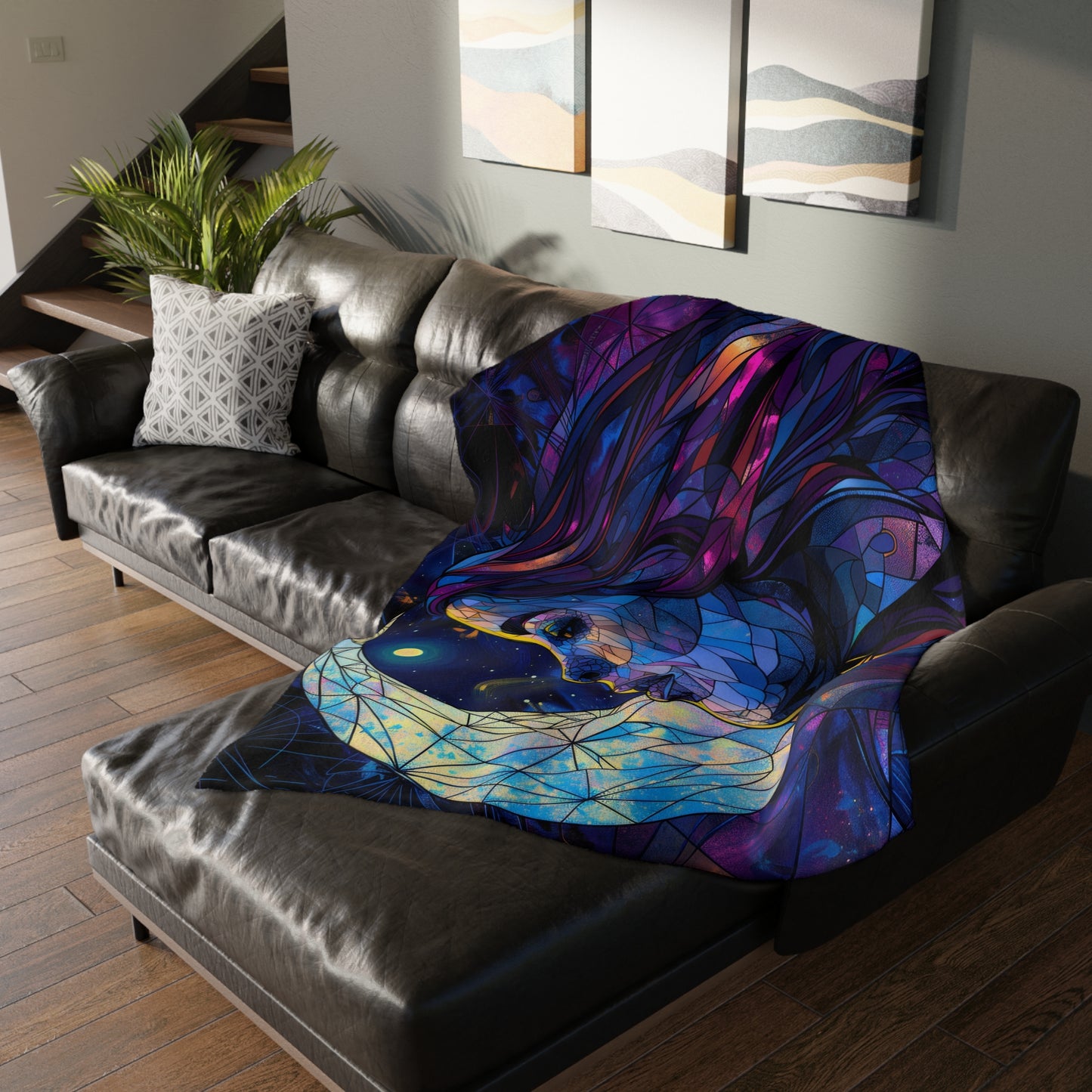 Moonlit Muse Stained Glass Double-Sided Throw Blanket, Lunar Goddess Illustration, Mystical Comfort for Nights & Cozy Spaces