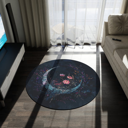 Crescent Moon & Wildflower Mandala Chenille Round Area Rug, Dark Occult Aesthetic, Lunar Lover Bedroom, Living Room and Meditation Space