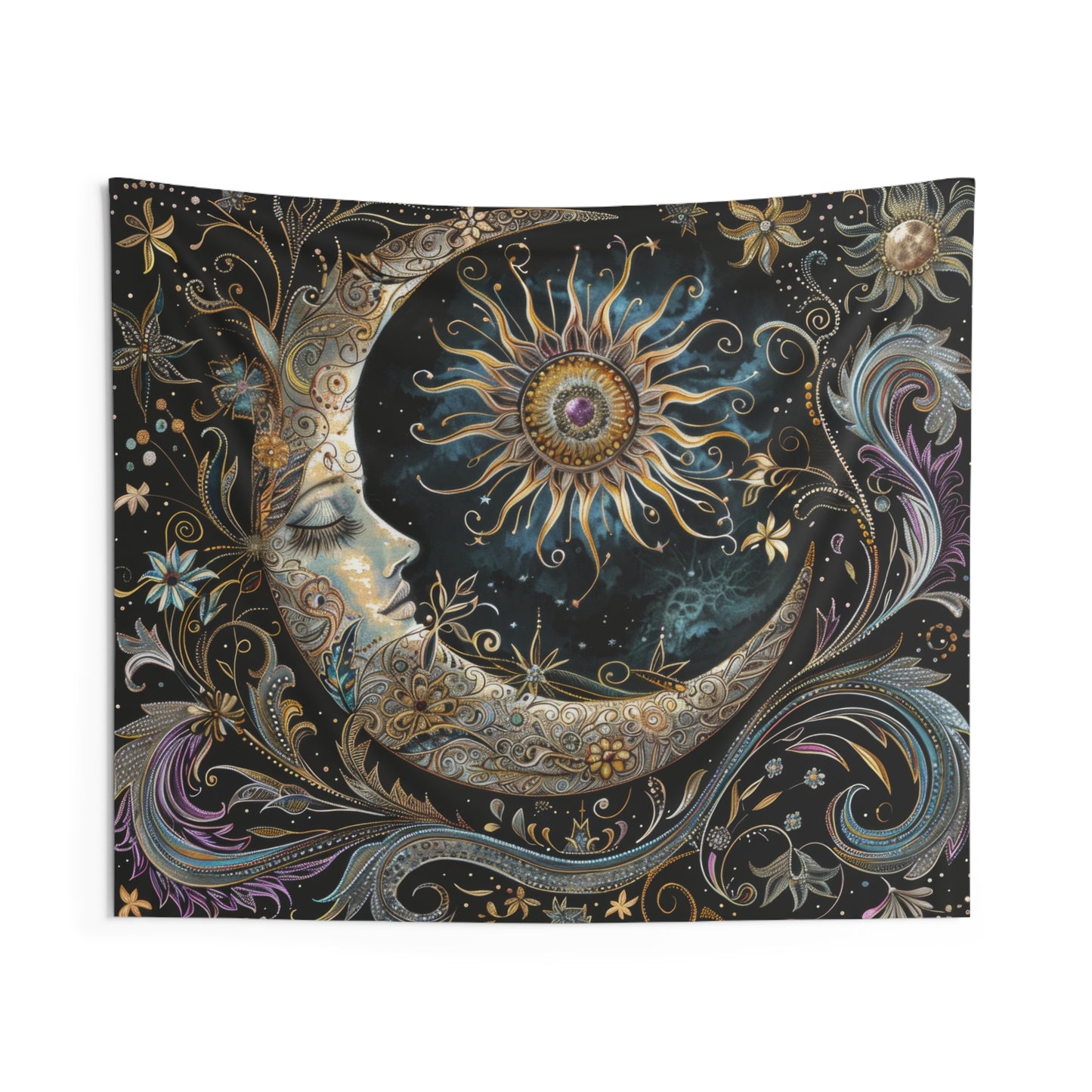 Crescent Moon & Sun Indoor Wall Tapestry – Mystical Art Nouveau and Folk Decor for Home