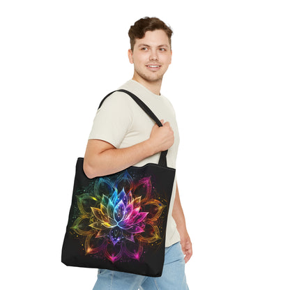 Luminous Lotus Double-Sided Tote Bag, Vibrant Energy Motif, Radiant Floral Mandala, Cosmic Bloom Design, Ethereal Color Spectrum Accessory