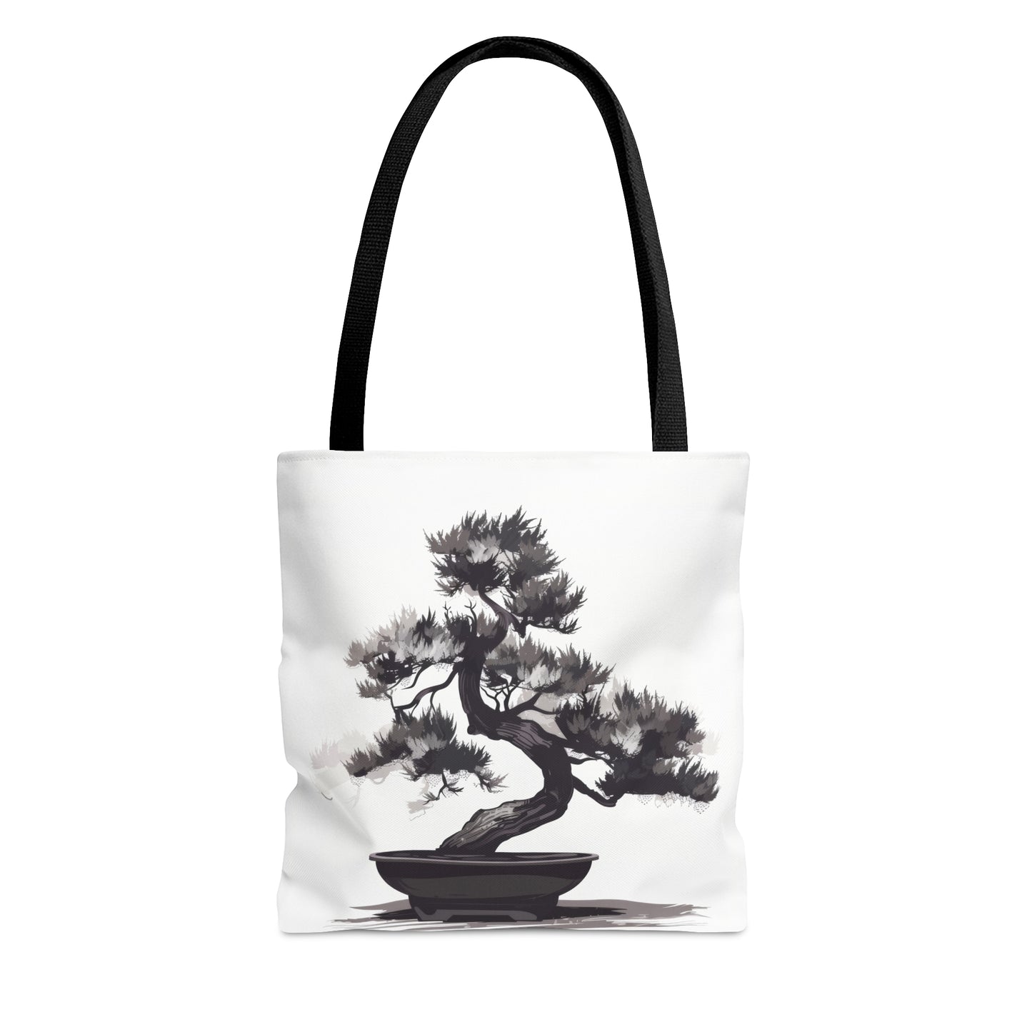 Chinese Ink Style Bonsai Tree Double Sided Tote Bag, Simple Minimalist Aesthetic, Zen Nature Fashion Style, Black Handles, 3 Sizes