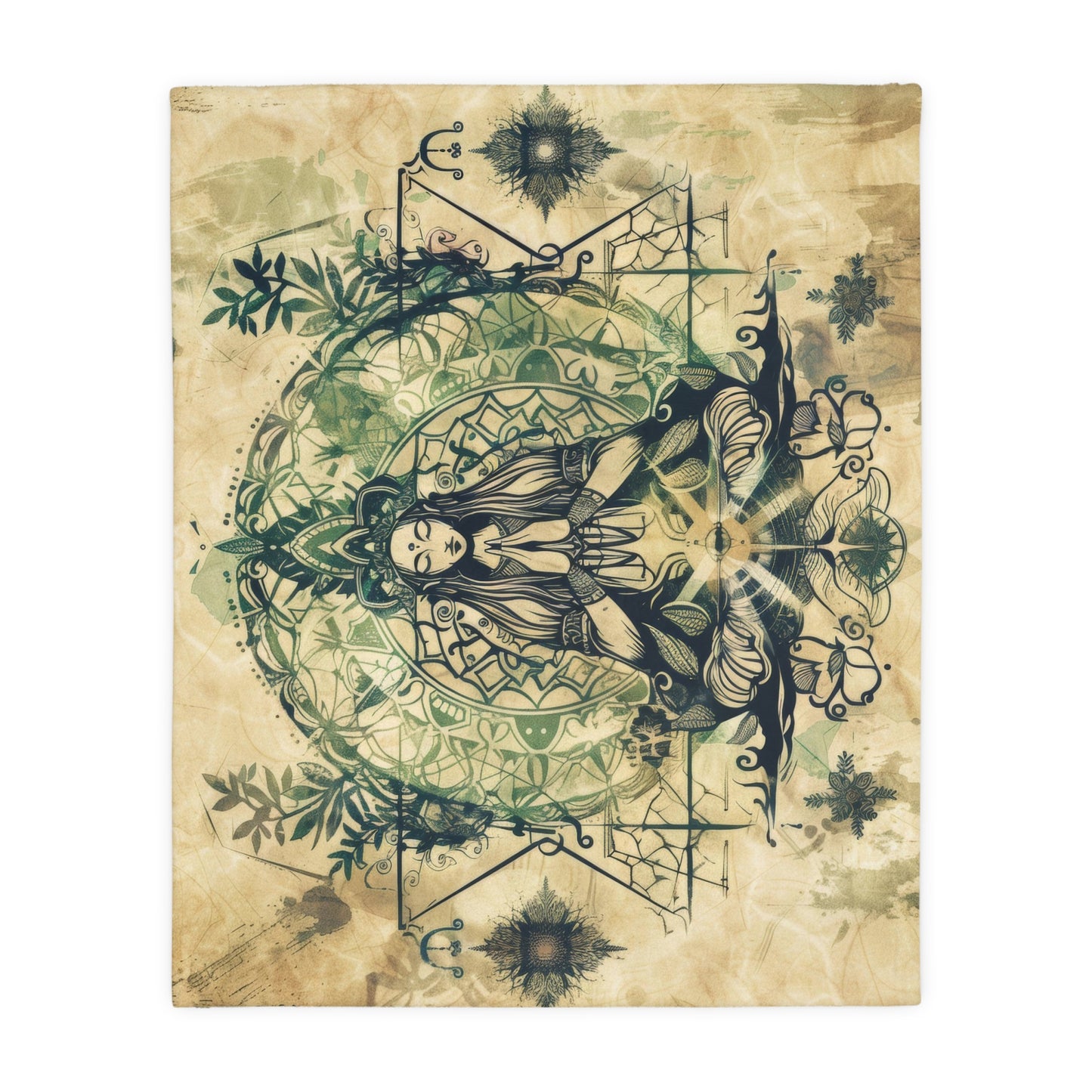 Nature Goddess Two-Sided Throw Blanket, Mystical Occult Design, Sacred Geometry Aesthetic, Enchanting Bedroom and Living Room Decor