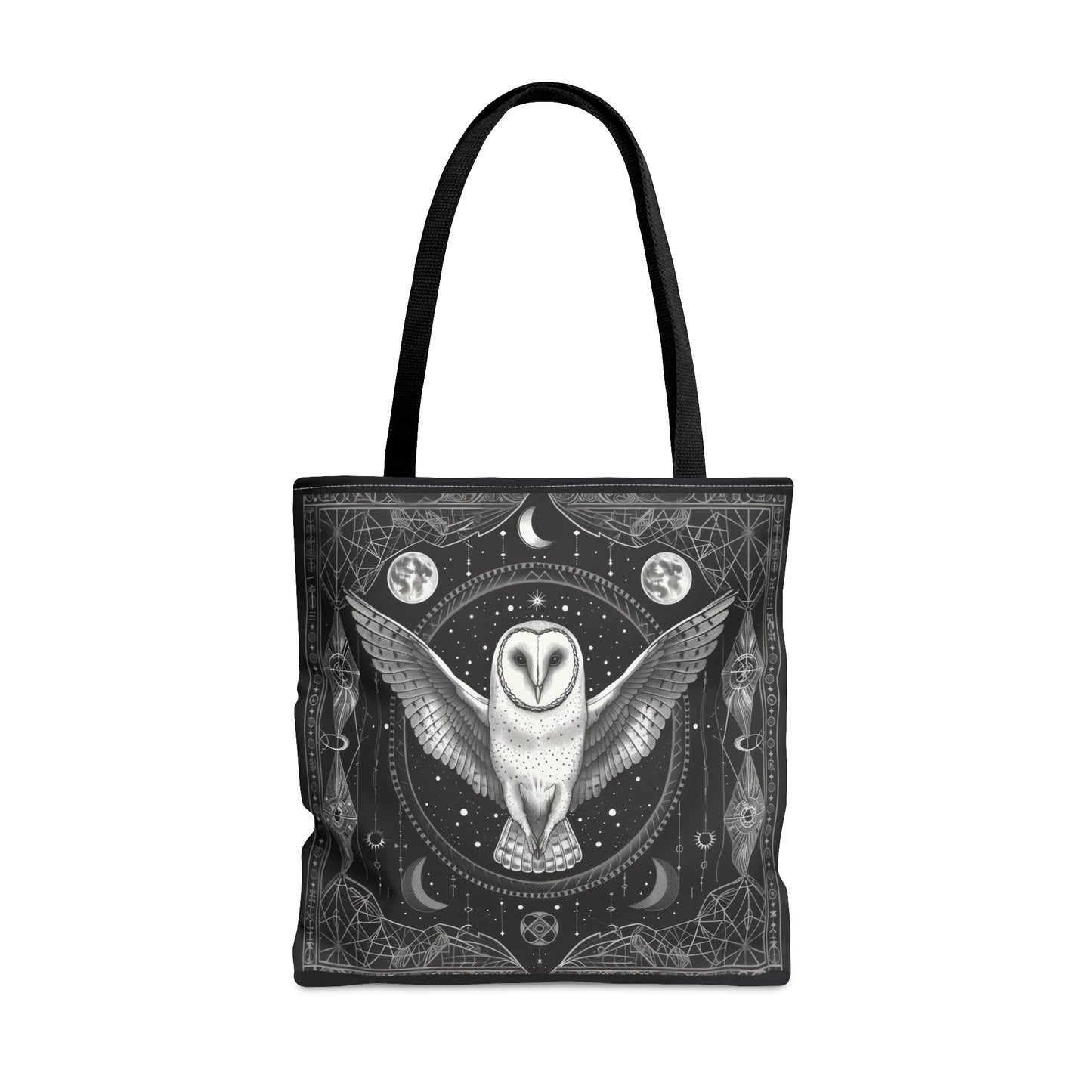 Mystical White Barn Owl Tote Bag – Dark Occult & Sacred Geometry Design, Durable Polyester in 3 Sizes with Black Handles