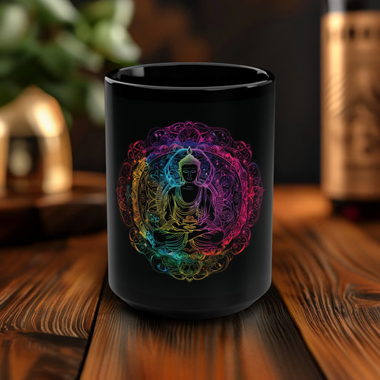 Buddha's Serene Mandala 15oz Black Ceramic Mug, Neon Enlightenment Motif, Spiritual Radiance, Zen Circle Design, Vibrant Meditation Drinkware