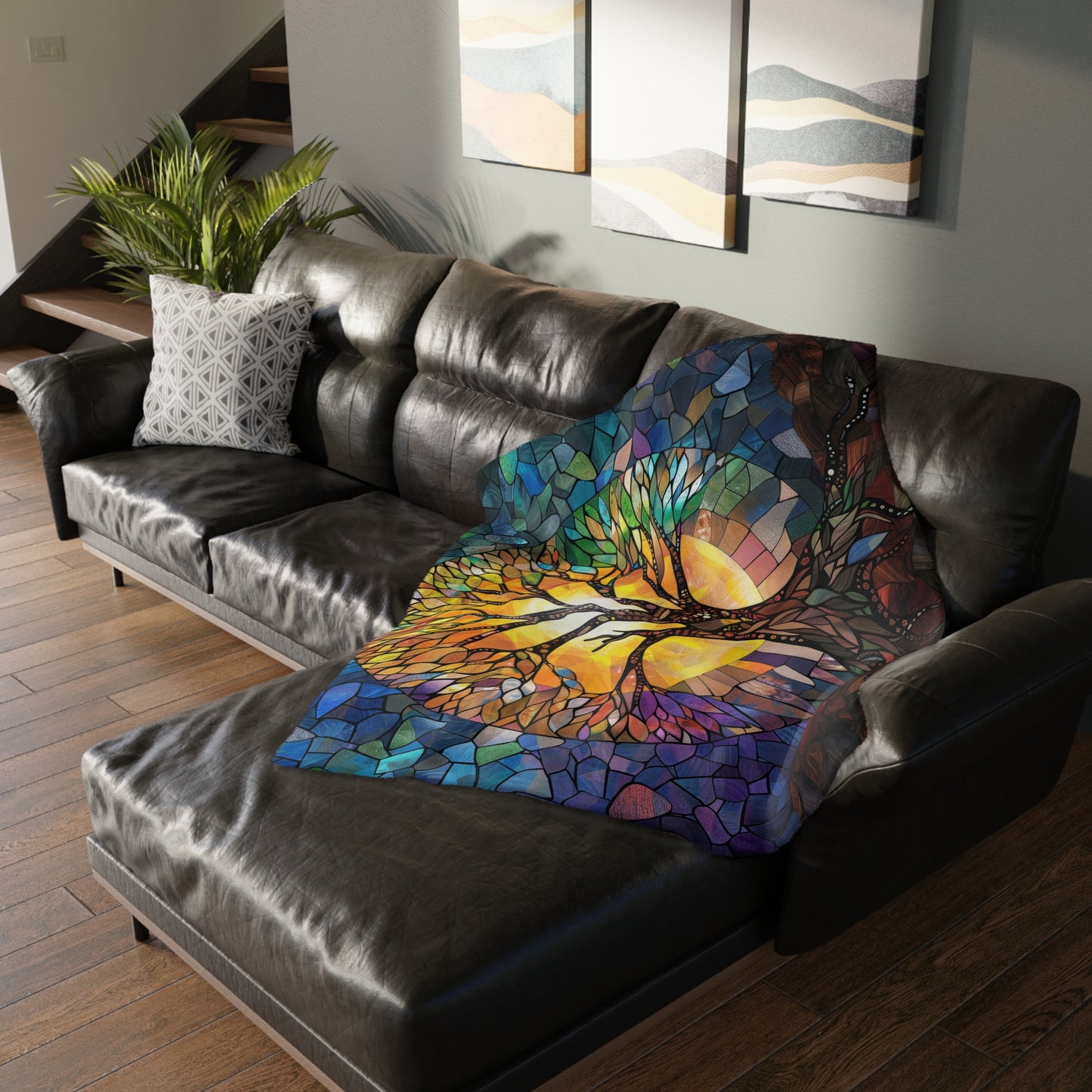 Tree of Life Stained Glass Double-Sided Throw Blanket, Vivid Nature Tapestry, Cozy Decorative Comfort for Home & Serene Retreat Spaces