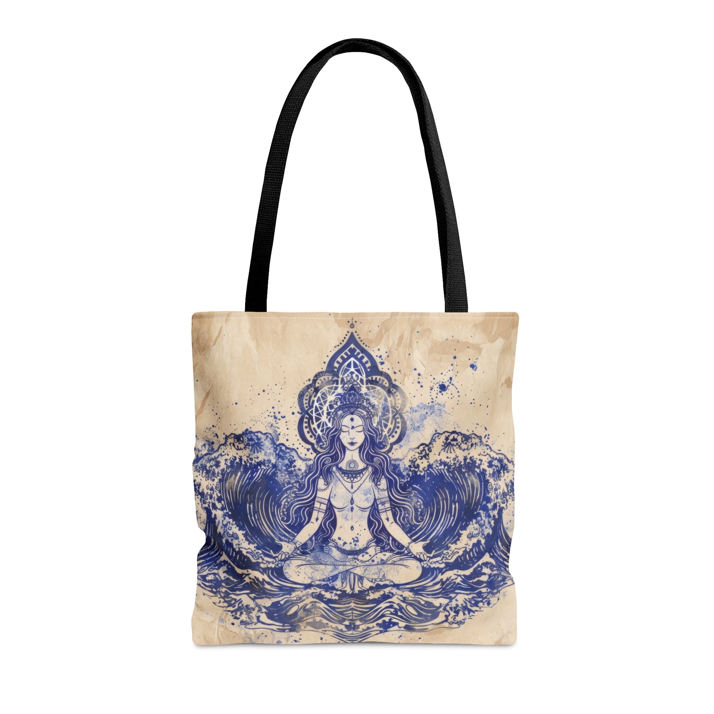 Water Goddess Polyester Tote Bag (Double Sided), Zen Nature Aesthetic, Sacred Geometry Style Fashion, 3 Sizes, Black Handles