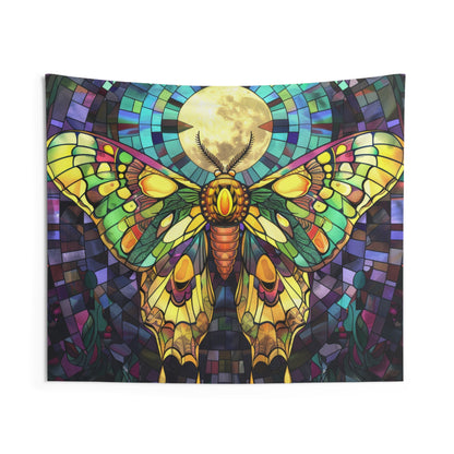 Golden Sunset Moth & Full Moon Wall Tapestry, Stained Glass-Inspired Vibrant Wing Artistry, Decorative Piece for Creative & Inspiring Spaces