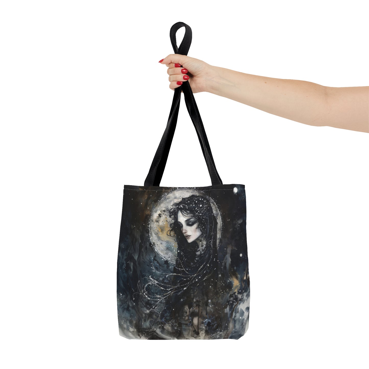 Nyx’s Nocturne Tote Bag, Dual-Sided Greek Goddess Design, Starry Night Elegance, Mystical Fashion Statement