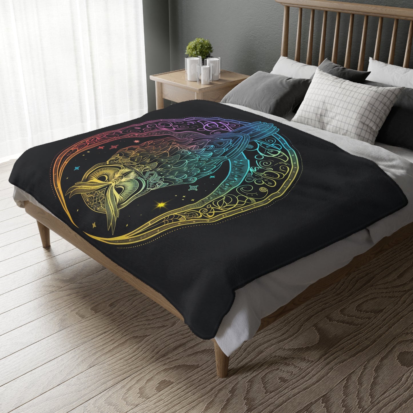 Lunar Sentinel Owl Double-Sided Throw Blanket, Moonlit Avian Emblem, Cosmic Wisdom Design, Starry Night and Lunar Motif, Mystical Moonlit Art