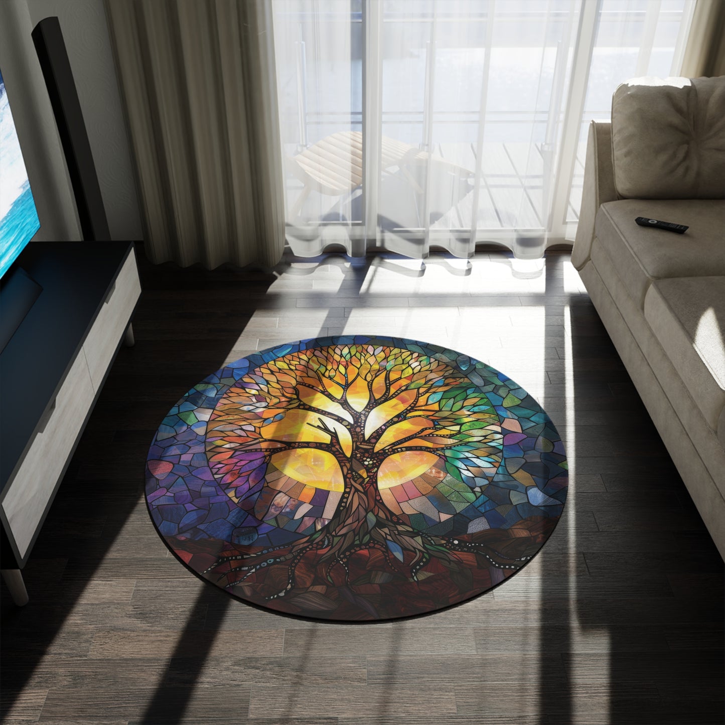 Radiant Tree of Life Stained Glass Design Chenille Round Rug, Enchanting Home Decor, Meditation & Living Space, Nature-Inspired Harmony