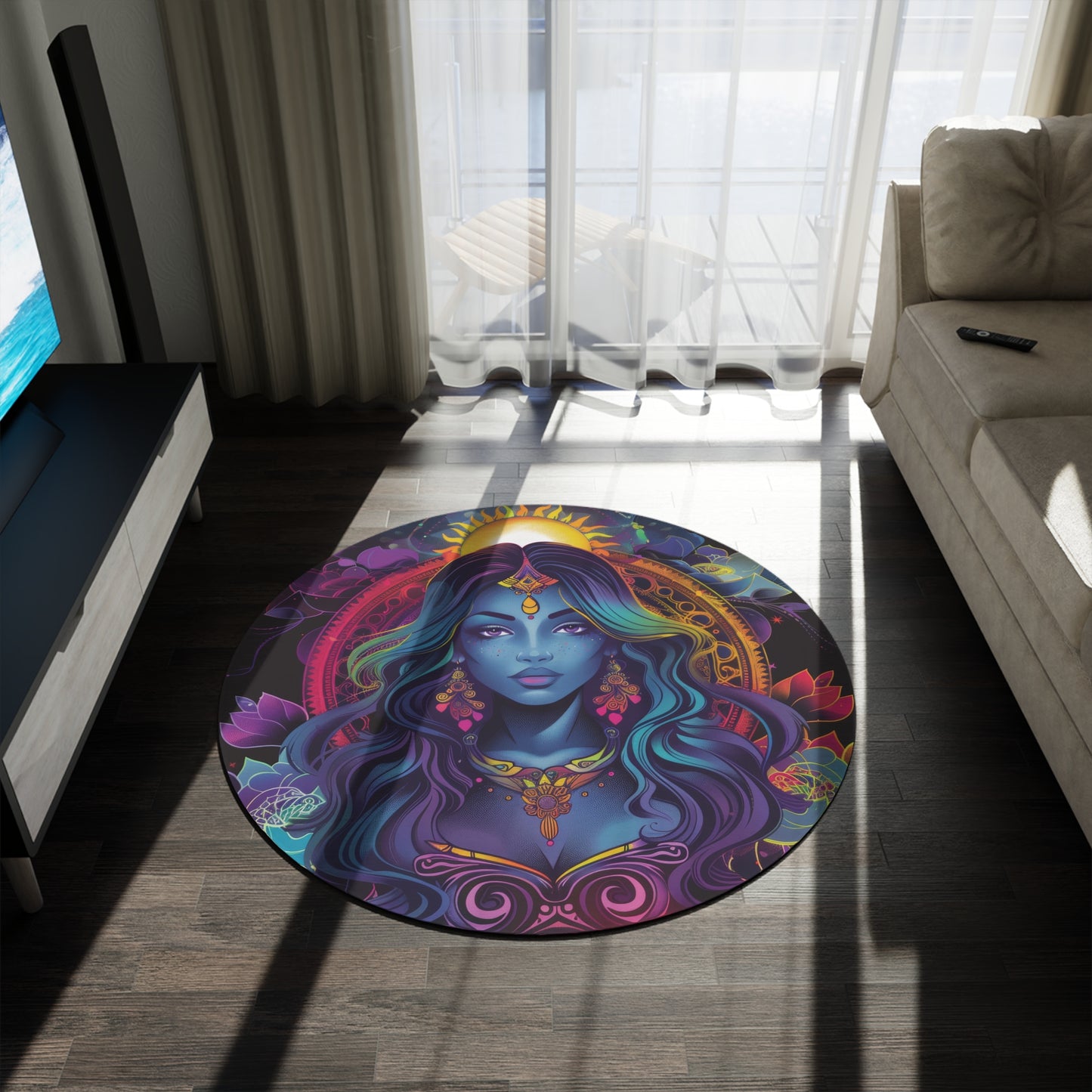 Cosmic Goddess Chenille Round Area Rug, Celestial Neon Design, Trippy Psychedelic Bedroom, Living and Meditation Space Decor