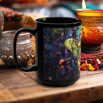 Sunset Moth & Moon 15oz Ceramic Mug, Stained Glass Imagery, Evening Serenity Coffee Cup, Inspirational Art for Night Owls & Dreamers