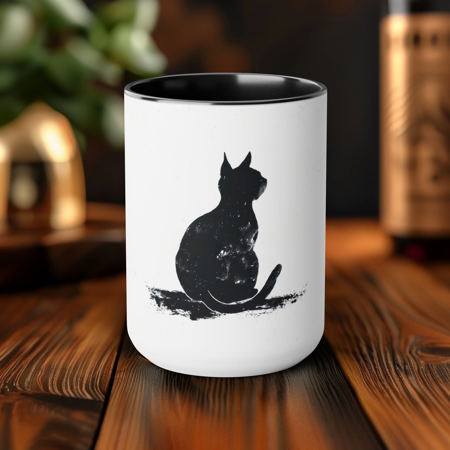 Contemplative Cat 15oz Mug, Artistic Silhouette Design with Black Handle and Interior, Chic and Stylish Coffee Cup for Cat Lovers