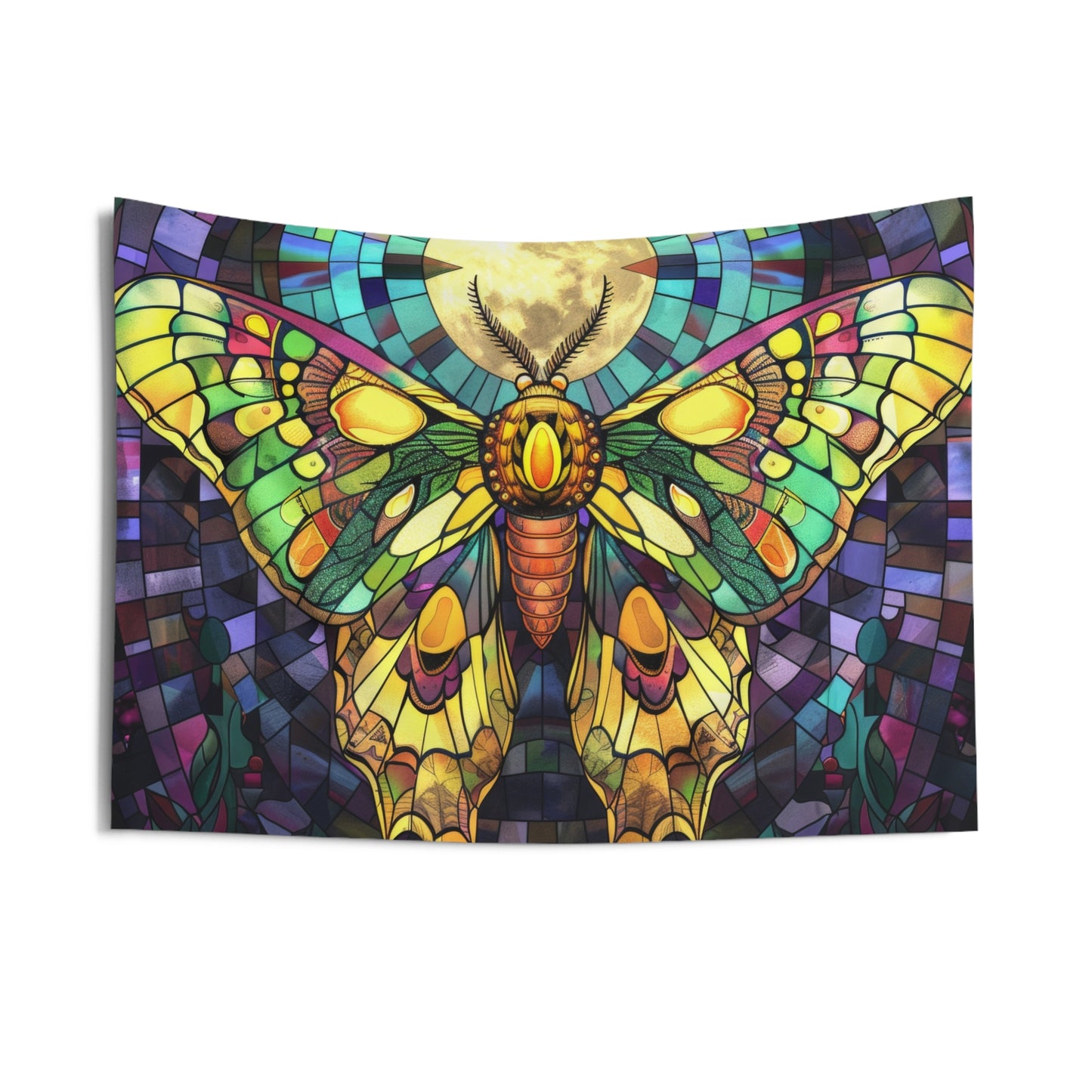 Golden Sunset Moth & Full Moon Wall Tapestry, Stained Glass-Inspired Vibrant Wing Artistry, Decorative Piece for Creative & Inspiring Spaces