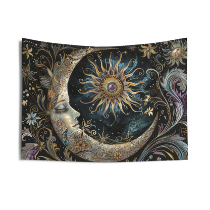 Crescent Moon & Sun Indoor Wall Tapestry – Mystical Art Nouveau and Folk Decor for Home