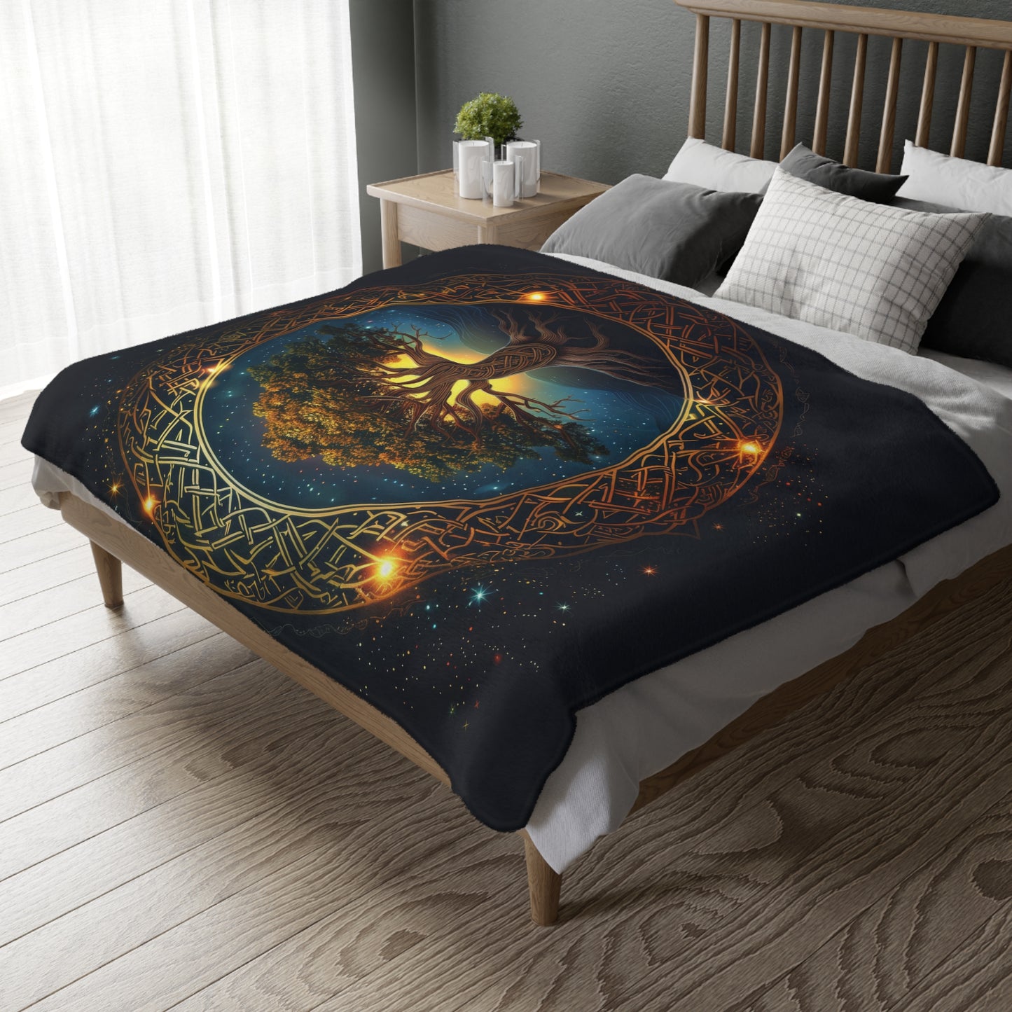 Celtic Tree of Life Mandala Double Sided Throw Blanket, Ancient Occult Aesthetic, Folk Nature Style Living, Dorm & Bed Room Decor