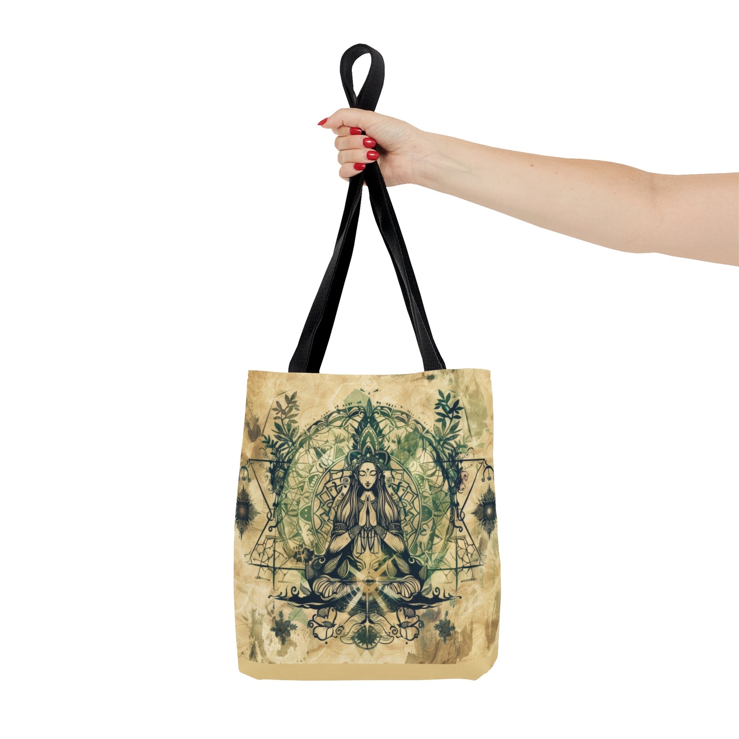 Nature Goddess Polyester Tote Bag (Double Sided), Zen Nature Aesthetic, Sacred Geometry Style Fashion, 3 Sizes, Black Handles