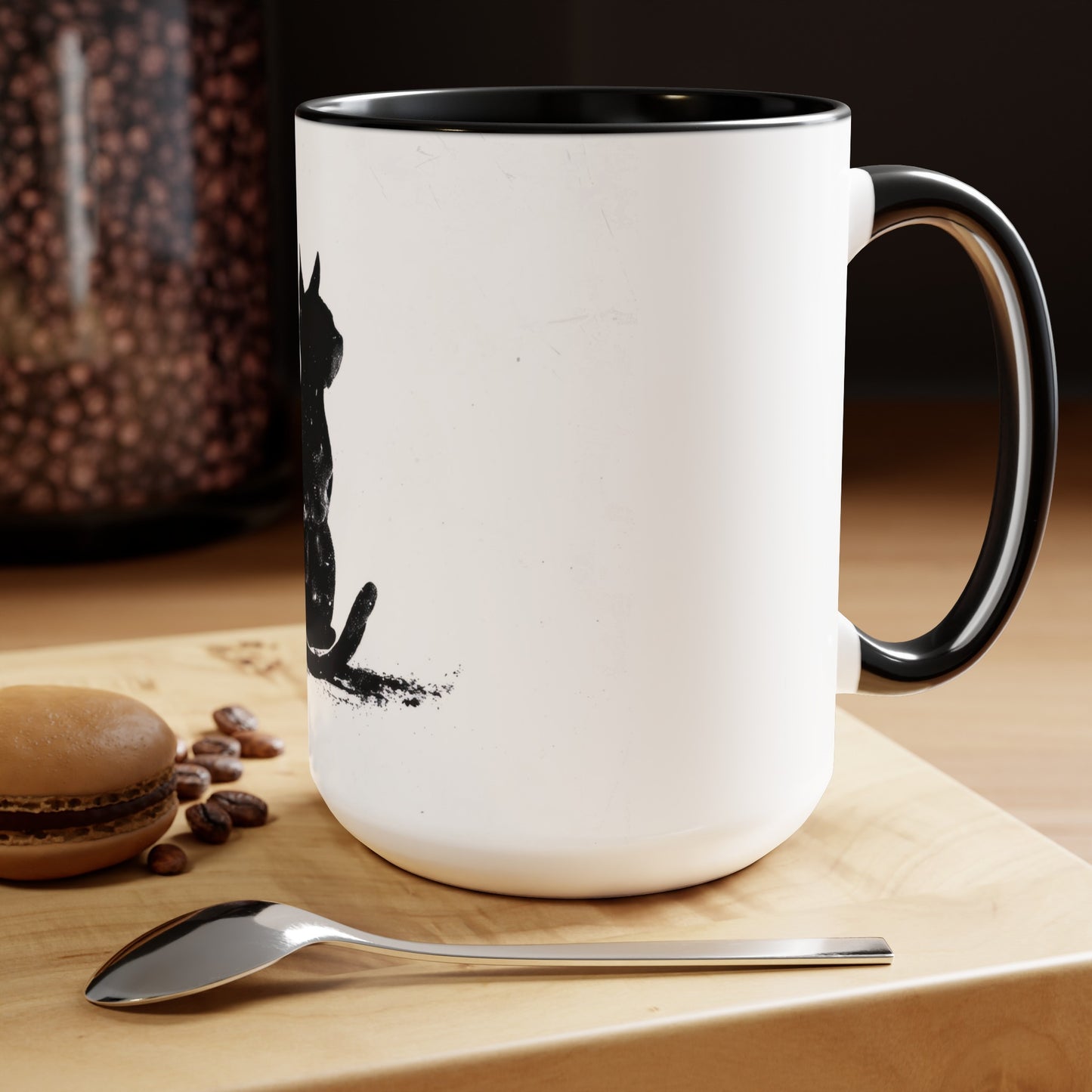 Contemplative Cat 15oz Mug, Artistic Silhouette Design with Black Handle and Interior, Chic and Stylish Coffee Cup for Cat Lovers