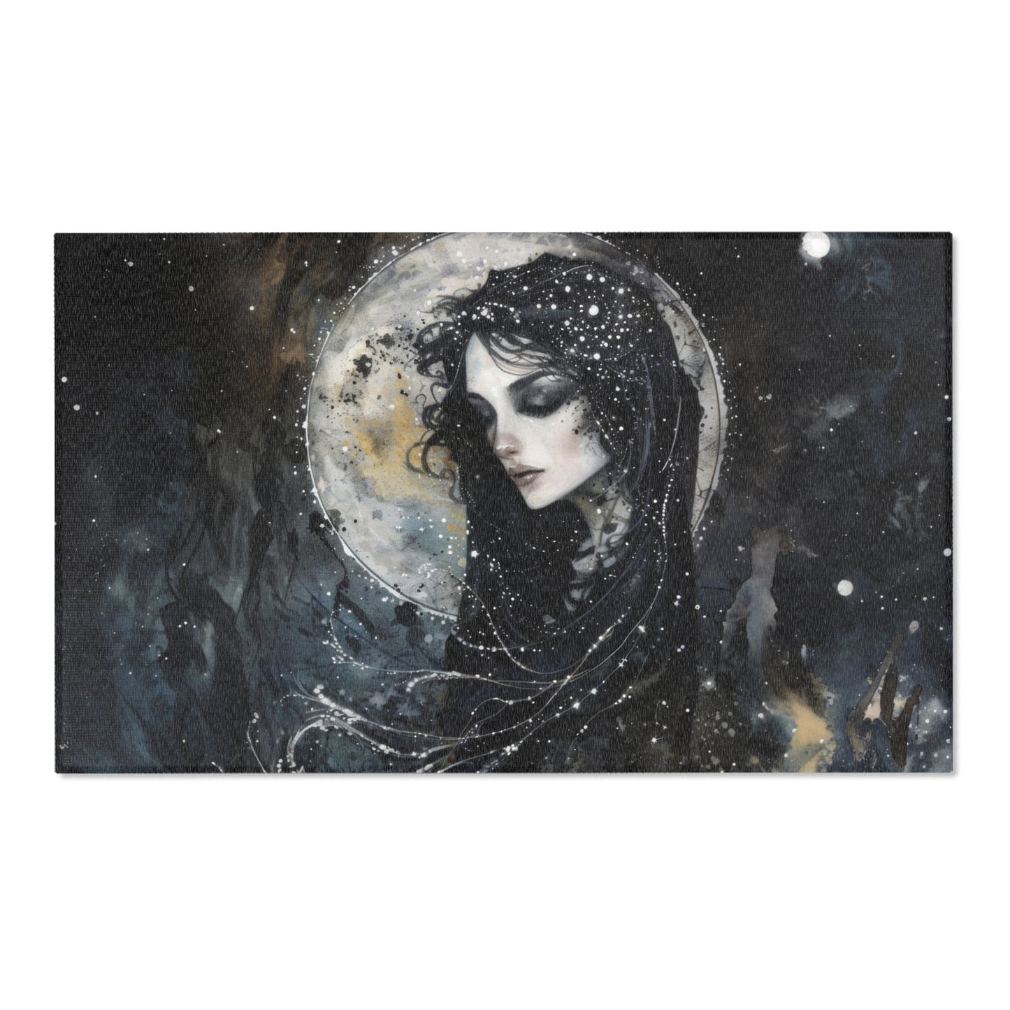 Nyx’s Nocturne Chenille Area Rug, Greek Night Deity Motif, Starry Elegance, Majestic Decor, Cosmic Ambiance Enhancer