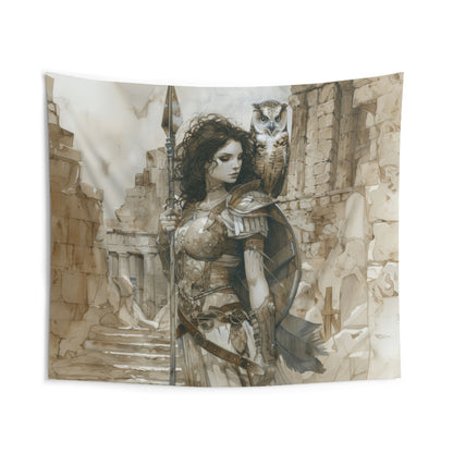 Athena's Wisdom Wall Tapestry, Greek Warrior Goddess & Owl, Monumental Valor Artwork, Inspirational Interior Majesty