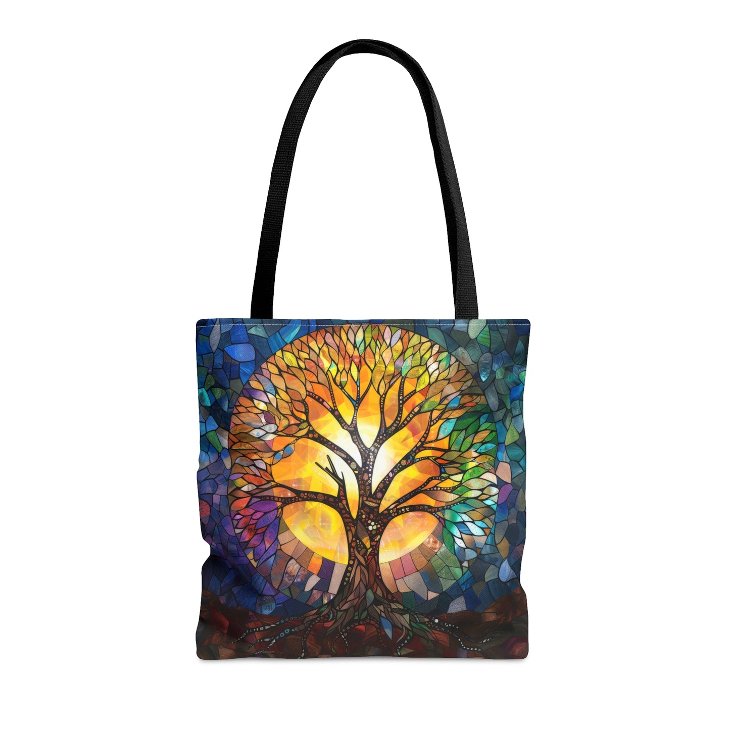 Tree of Life Stained Glass Art Tote Bag with Black Handles, Enchanting Nature Design, Multipurpose Bag for Everyday Elegance & Shopping