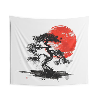 Traditional Chinese Bonsai & Red Sun Wall Tapestry, Elegant Ink Wash Style Art, Serene Zen Decor for Home, Bedroom, Living Space, and Dorms