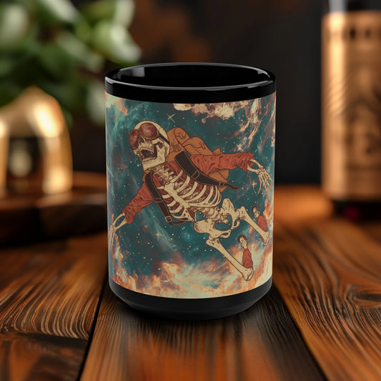 Sky Diving Skeleton 15oz Coffee Mug, Dark Cottagecore Design, Gothic Street Art Style Lover Tea Mug, Gift For Her, Black Handle