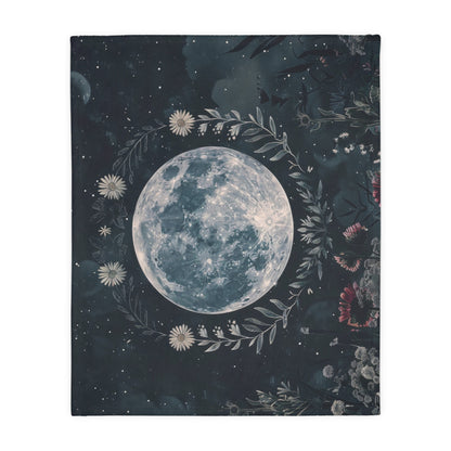 Full Moon & Wildflowers Double Sided Throw Blanket, Witchy Occult Design, Nature Lover Gift, Enchanting Aesthetic Bedroom and Living Room Decor