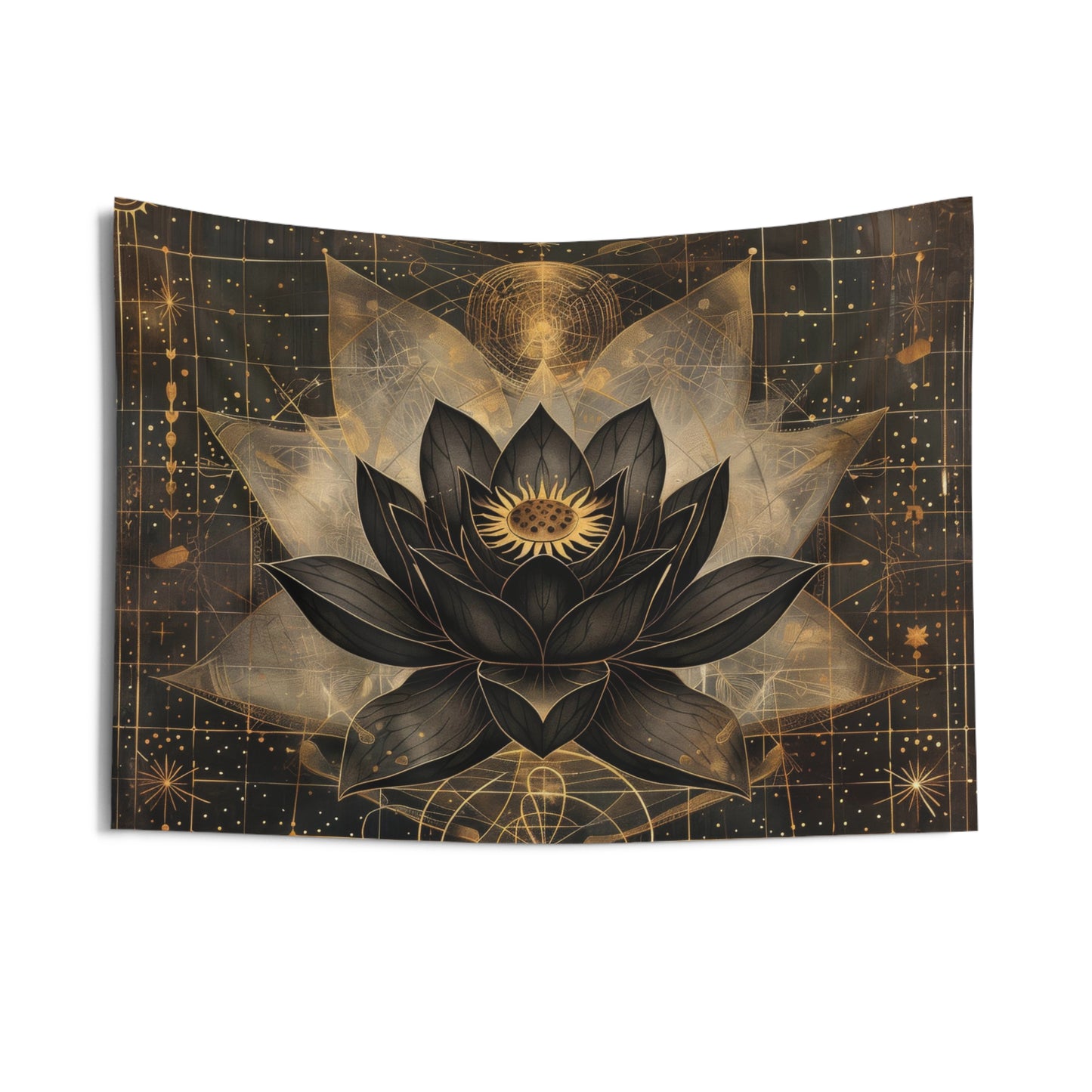 Dark Lotus Flower Indoor Wall Hanging, Mystical Esoteric Motif, Geometric Sacred Patterns Enhancing Decor for Bedrooms, Living Spaces, and Student Dorms