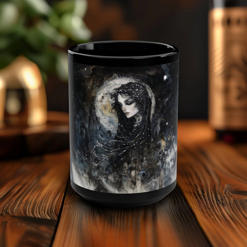 Nyx’s Nocturne 15oz Black Ceramic Mug, Greek Goddess of Night Design, Starlit Elegance, Cosmic Serenity Sipware