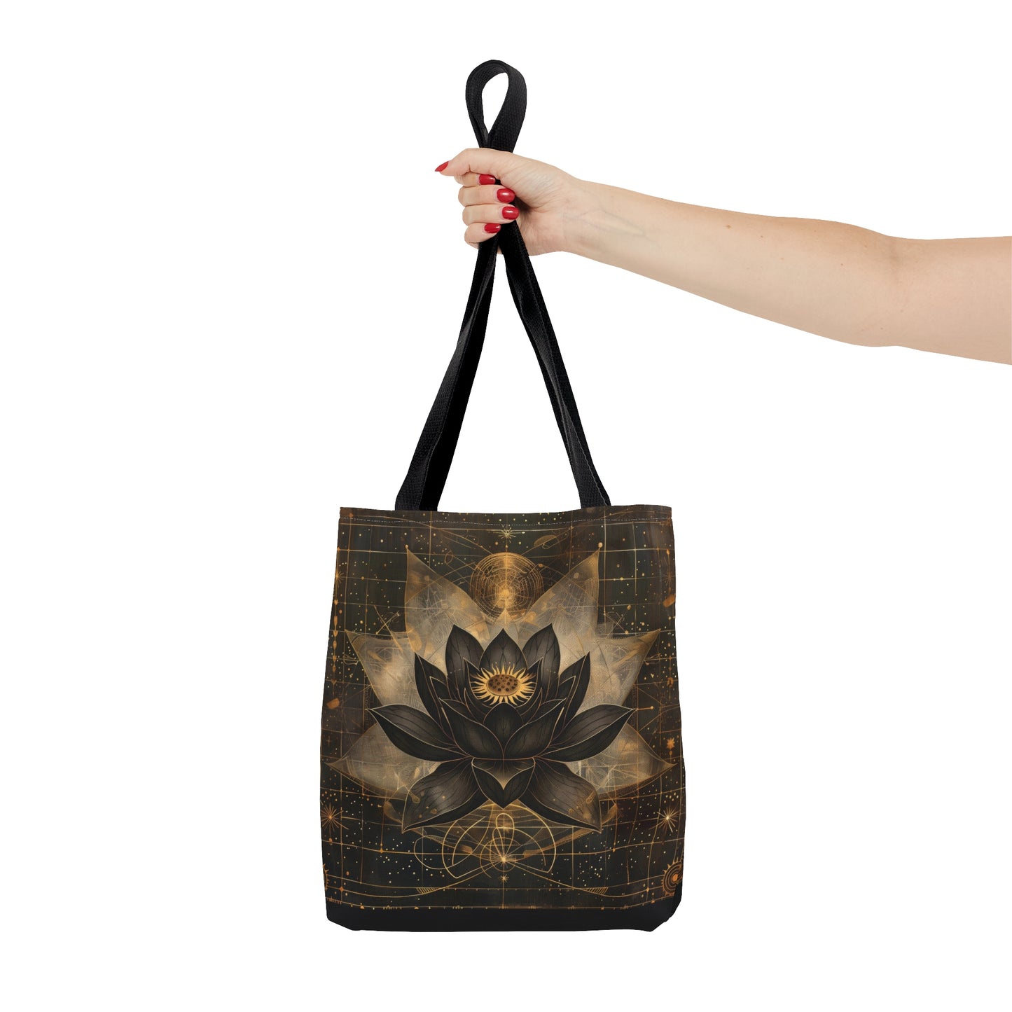 Black Lotus Blossom Polyester Tote Bag (Double Sided), Dark Occult and Sacred Geometry Inspired, Polyester with Black Handles in 3 Sizes