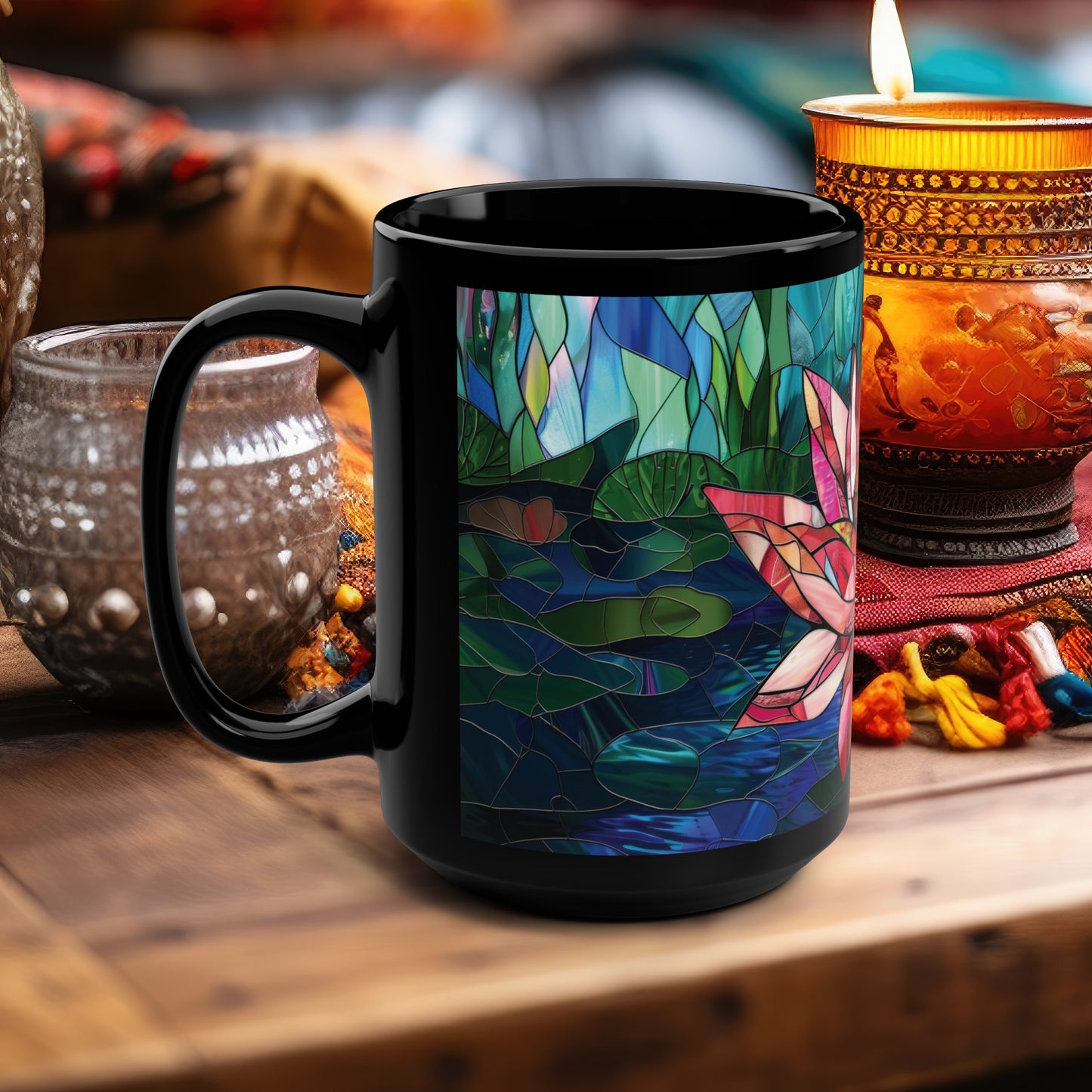 Vibrant Stained Glass Lotus 15oz Ceramic Mug, Floral Elegance, Serene Morning Coffee Companion, Inspiring Zen Beverage Experience