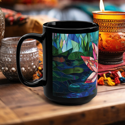 Vibrant Stained Glass Lotus 15oz Ceramic Mug, Floral Elegance, Serene Morning Coffee Companion, Inspiring Zen Beverage Experience