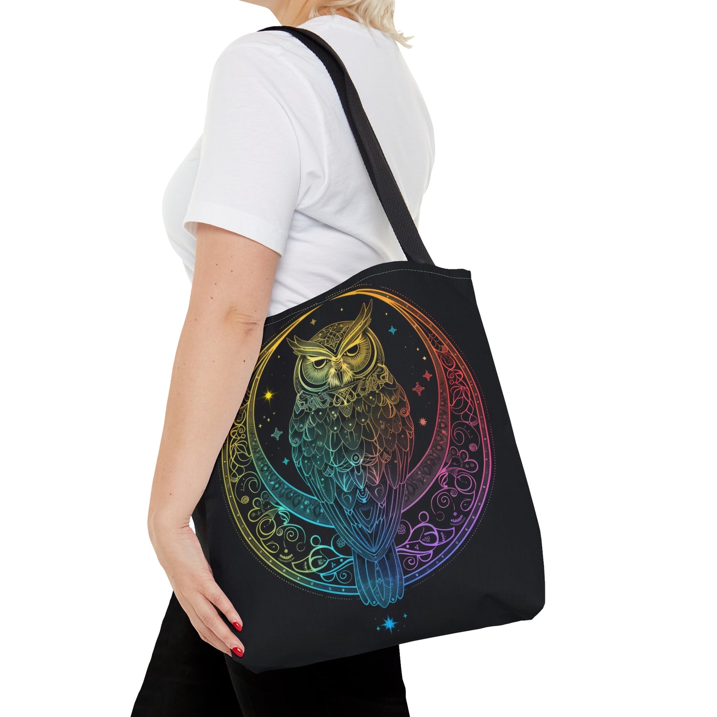 Lunar Sentinel Owl Double-Sided Tote Bag, Moonlit Avian Emblem, Cosmic Wisdom Design, Starry Night and Lunar Motif, Mystical Moonlit Accessory