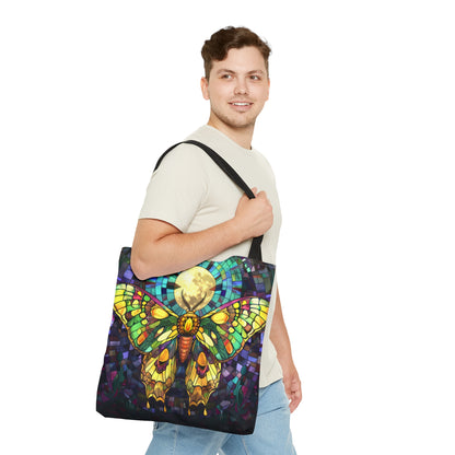 Mystic Moth & Moonlight Stained Glass Tote Bag, Enchanted Insect Design, Vibrant Accessory with Black Handles for Unique Style Statements