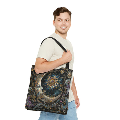 Crescent Moon & Sun Polyester Tote Bag (Double Sided), Art Nouveau and Mystical Folk Inspired, Available in 3 Sizes with Black Handles