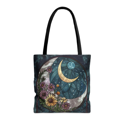 Midnight Bloom & Crescent Moon Stained Glass Tote Bag, Botanical Night Design, Stylish Carryall with Black Handles for Chic Adventures