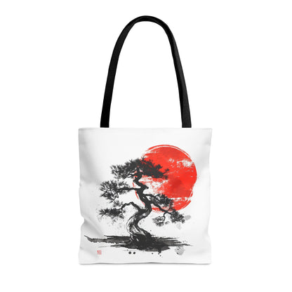 Traditional Chinese Bonsai & Red Sun Tote Bag (3 Sizes), Elegant Ink Wash Style Art, Serene Zen Fashion Style, Black Handles, Minimalist Aesthetic