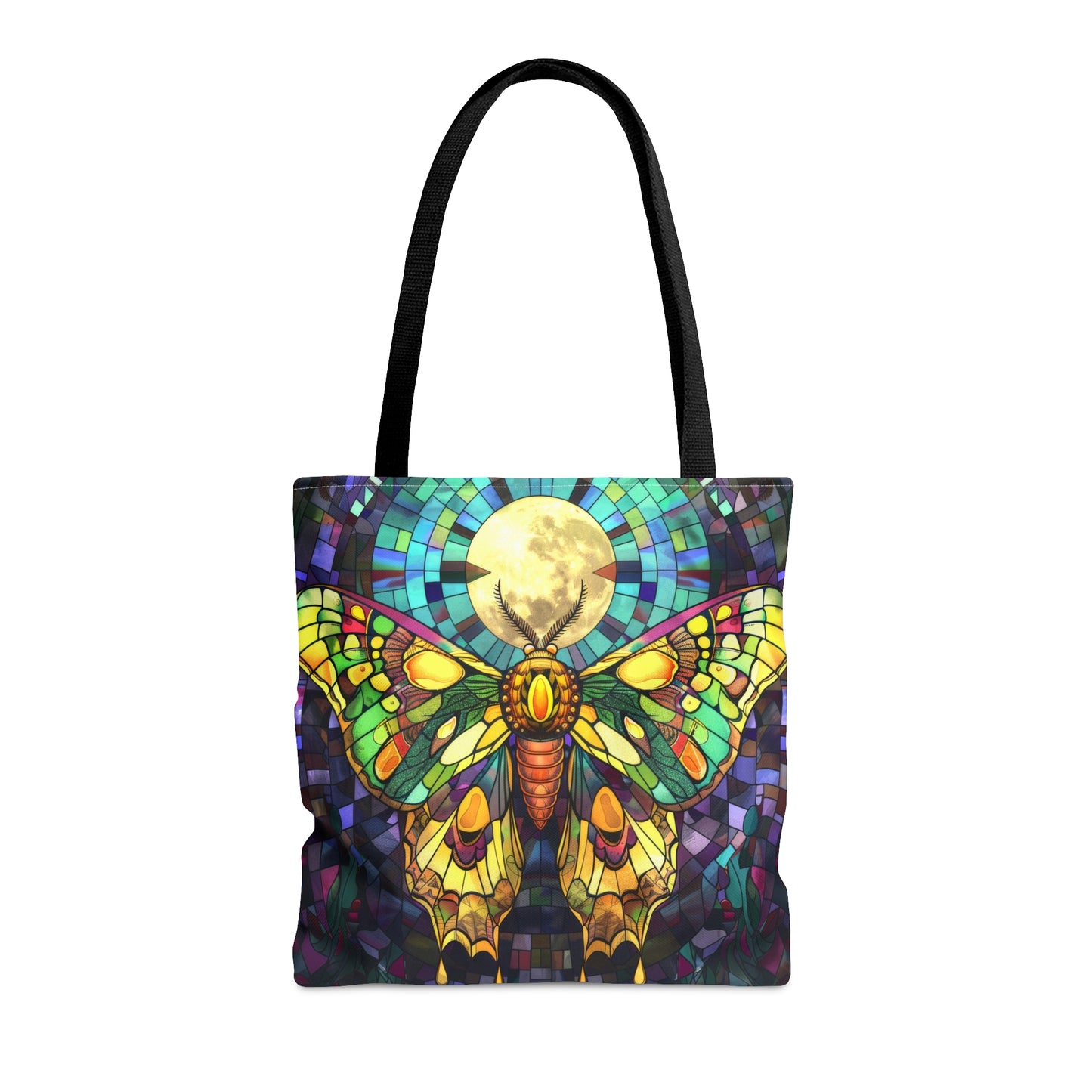 Mystic Moth & Moonlight Stained Glass Tote Bag, Enchanted Insect Design, Vibrant Accessory with Black Handles for Unique Style Statements