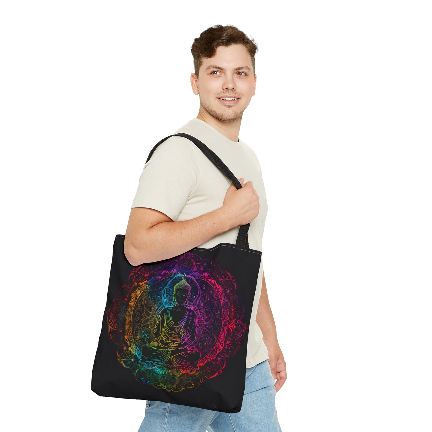 Buddha's Serene Mandala Double-Sided Tote Bag, Neon Enlightenment Motif, Spiritual Radiance, Zen Circle Design, Vibrant Meditation Accessory