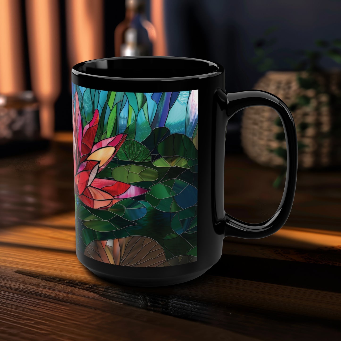 Vibrant Stained Glass Lotus 15oz Ceramic Mug, Floral Elegance, Serene Morning Coffee Companion, Inspiring Zen Beverage Experience