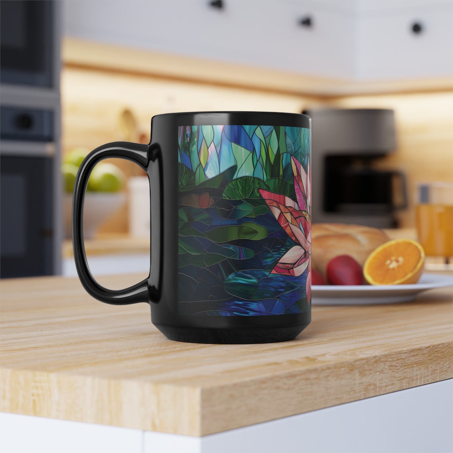 Vibrant Stained Glass Lotus 15oz Ceramic Mug, Floral Elegance, Serene Morning Coffee Companion, Inspiring Zen Beverage Experience