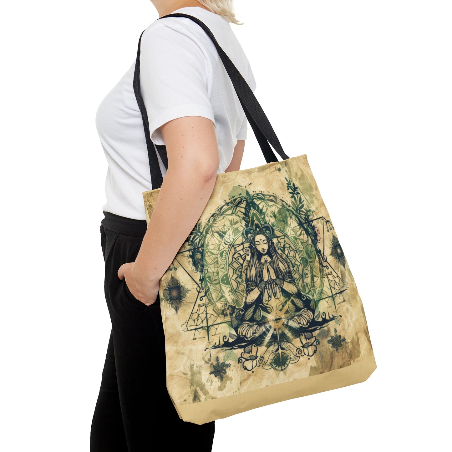 Nature Goddess Polyester Tote Bag (Double Sided), Zen Nature Aesthetic, Sacred Geometry Style Fashion, 3 Sizes, Black Handles