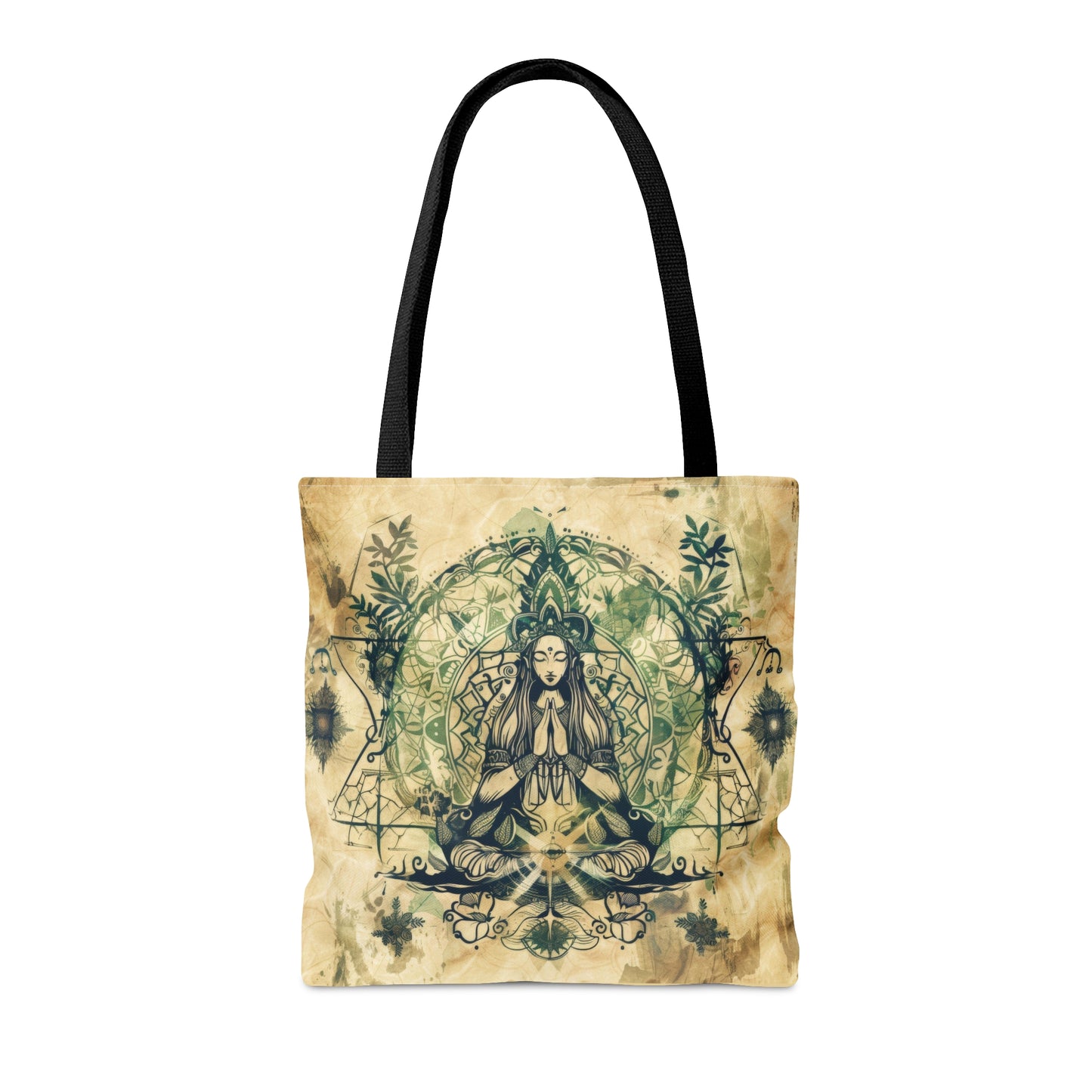 Nature Goddess Polyester Tote Bag (Double Sided), Zen Nature Aesthetic, Sacred Geometry Style Fashion, 3 Sizes, Black Handles