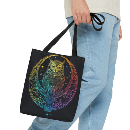 Lunar Sentinel Owl Double-Sided Tote Bag, Moonlit Avian Emblem, Cosmic Wisdom Design, Starry Night and Lunar Motif, Mystical Moonlit Accessory