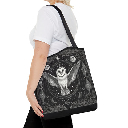 Mystical White Barn Owl Tote Bag – Dark Occult & Sacred Geometry Design, Durable Polyester in 3 Sizes with Black Handles