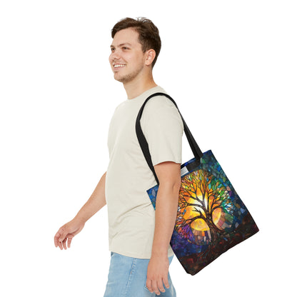 Tree of Life Stained Glass Art Tote Bag with Black Handles, Enchanting Nature Design, Multipurpose Bag for Everyday Elegance & Shopping